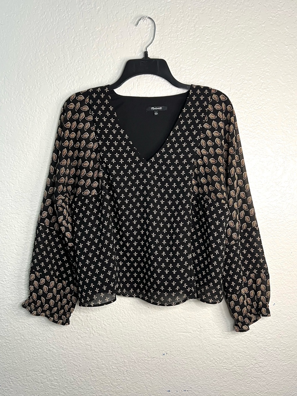 Madewell Black Floral V Neck Peplum Blouse Balloon Sleeve Boho Top S